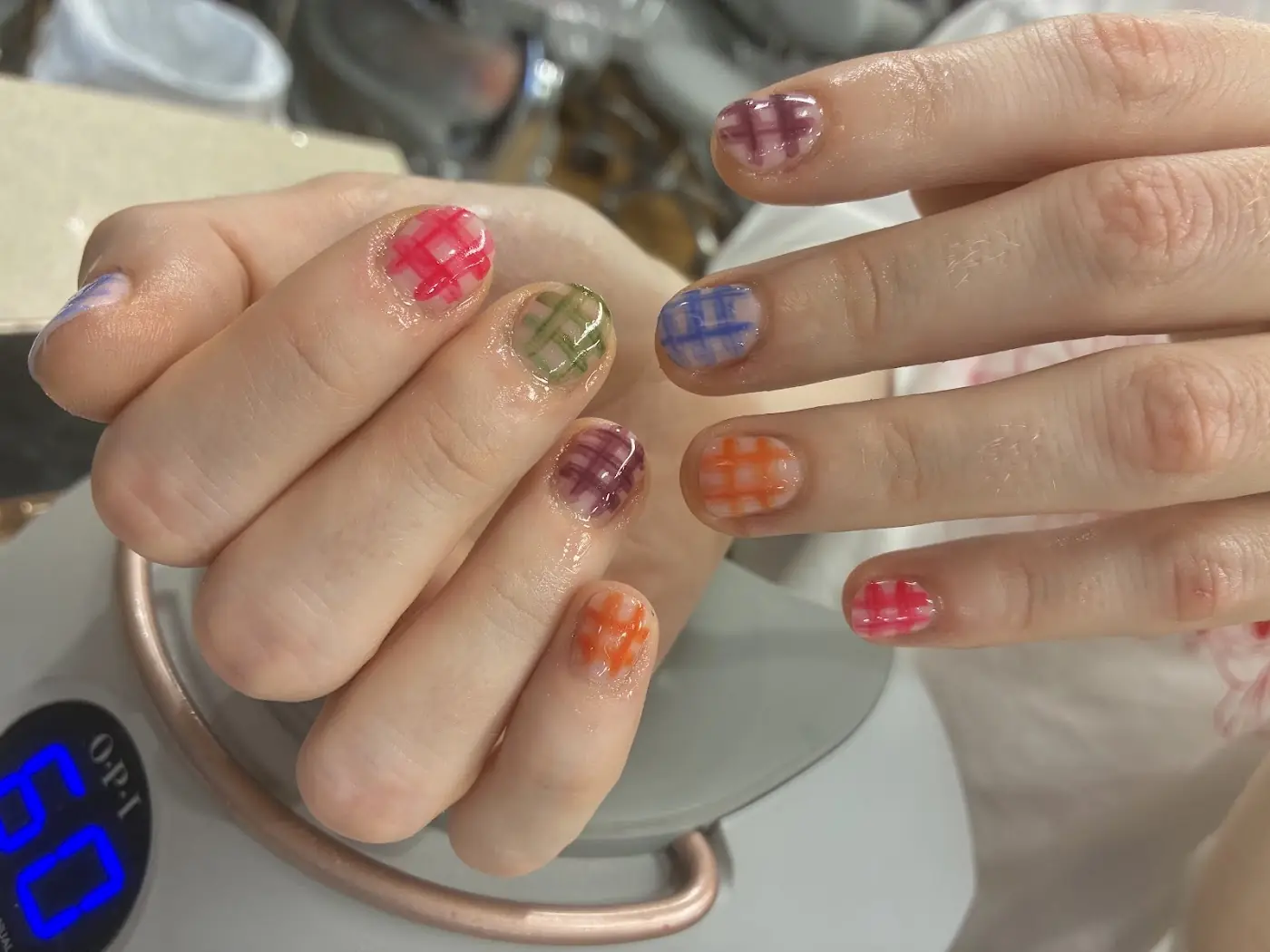 Pastel gingham nail art